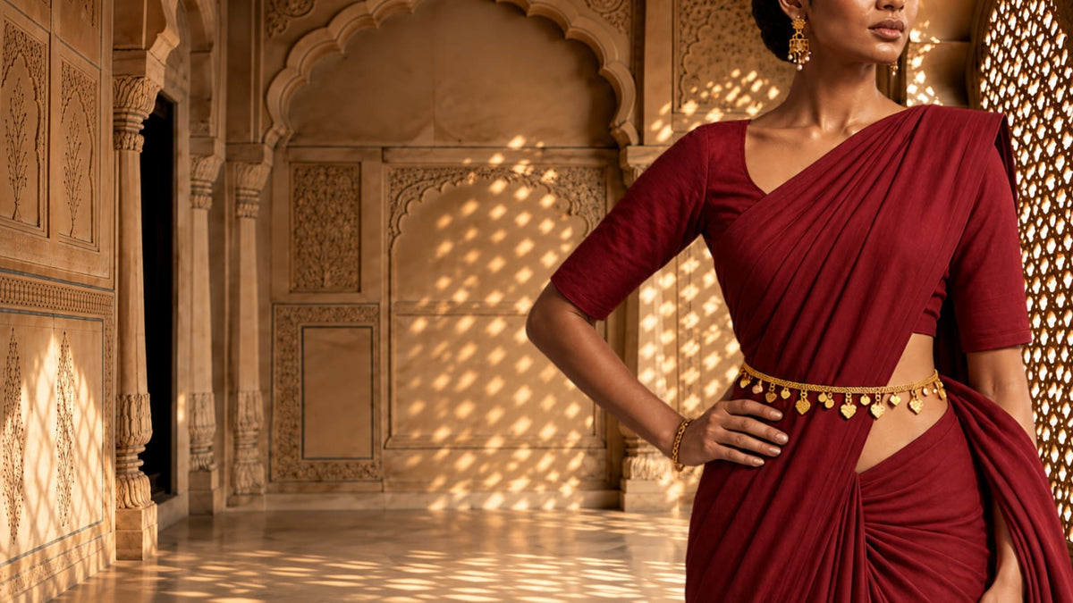 Gold waist chain with heart-shaped charms worn over a deep red saree at the natural waist